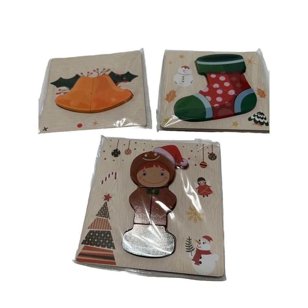 Christmas Toddler Puzzles: 3 Wooden Zig Saw Puzzle  Bell Stocking Person